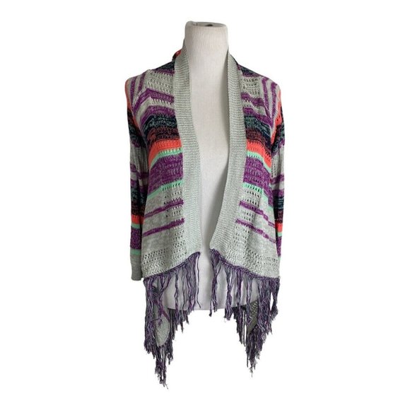 Exhilaration Womens Sweater Adult  XL (18) Gray Purple Fringe Stripes Open Front - Picture 4 of 7